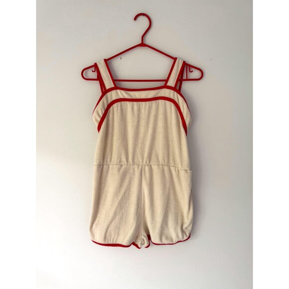 60s 70s vintage red cream ringer terry cloth mini romper shorts playsuit small - Picture 9 of 10